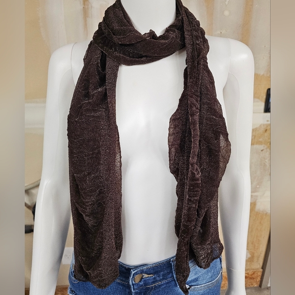 Lavello Crinkle Sheer Chocolate Brown Shimmer Scarf OS - Picture 2 of 7